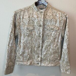 Bill Blass Brocade Jean Jacket Style Size M Tan Silver